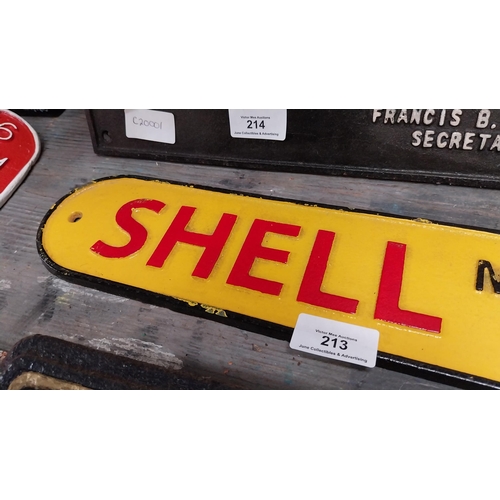 213 - Shell Motor Spirit Sold Here cast iron advertising sign. {9 cm H x 49 cm W}.