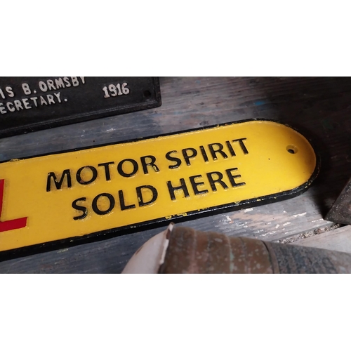 213 - Shell Motor Spirit Sold Here cast iron advertising sign. {9 cm H x 49 cm W}.