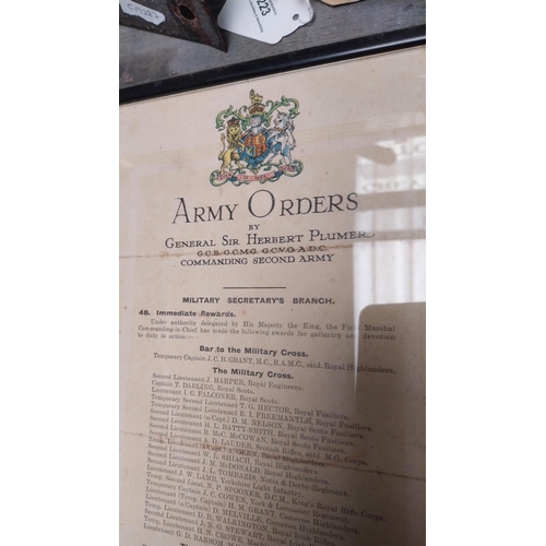 226 - Army Orders by General Sir Herbert Plumer 19th August 1915 framed print. {38 cm H x 23 cm W}.