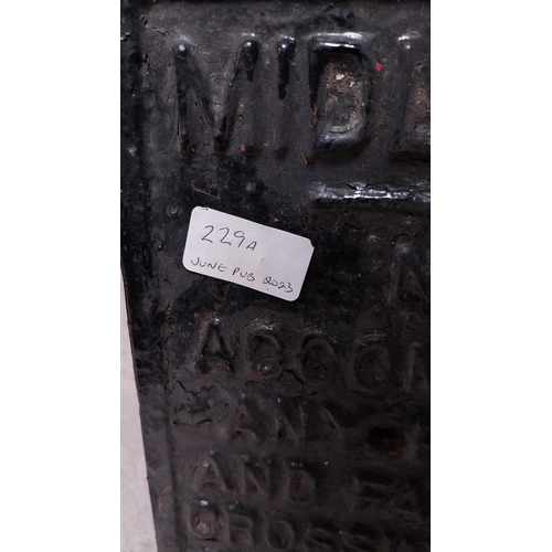 229a - Cast Iron Midland Railway Co Trespassers will be prosecuted 40 shilling sign. {13 cm H x 49 cm W}.