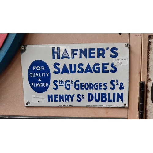 289 - Hafner's Sausages Henry Street Dublin enamel advertising sign. {18 cm H x 30 cm W}