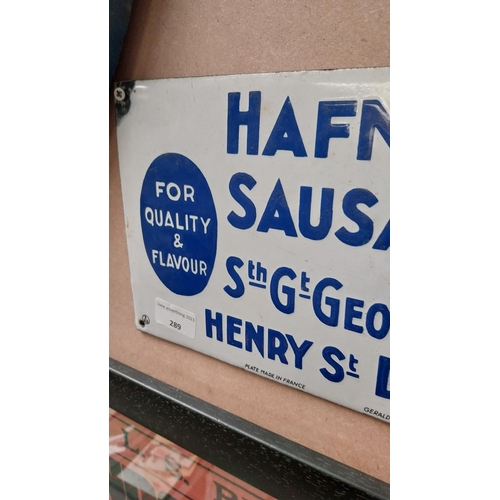 289 - Hafner's Sausages Henry Street Dublin enamel advertising sign. {18 cm H x 30 cm W}