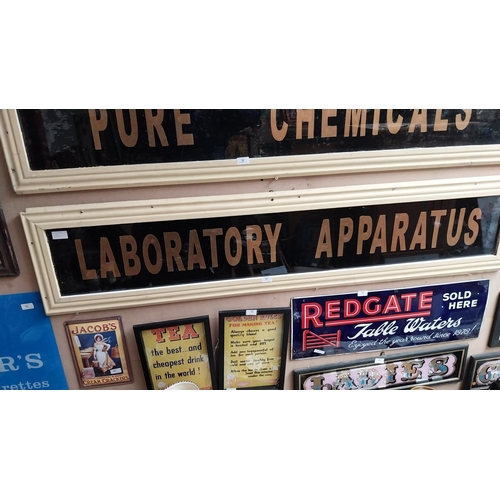 39 - Laboratory Apparatus painted glass sign in wooden frame.  This is similar to sign on old Lennox Chem... 