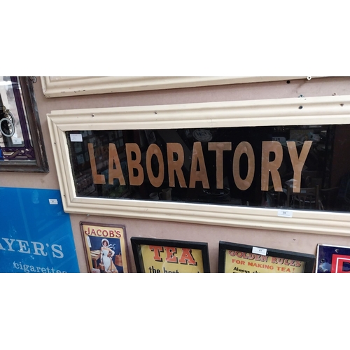 39 - Laboratory Apparatus painted glass sign in wooden frame.  This is similar to sign on old Lennox Chem... 