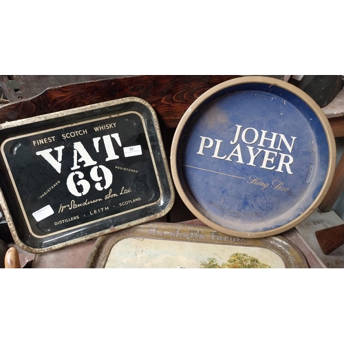 59 - Three tin plate advertising trays - Marshall's Farola, Vat 69 and John Players.