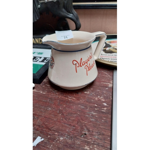 71 - Player's Please ceramic advertising water jug. {10 cm H x 15 cm W x 10 cm D}.