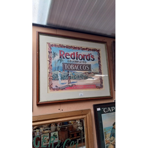 83 - Redford's Celebrated Tobacco framed advertising print {57cm H X 71cm W}.