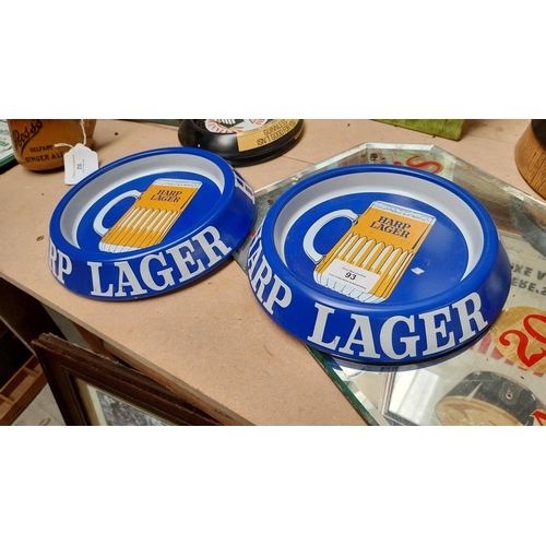 93 - Two tin plate Harp Lager advertising ashtrays. {3 cm H x 20 cm Dia.}.