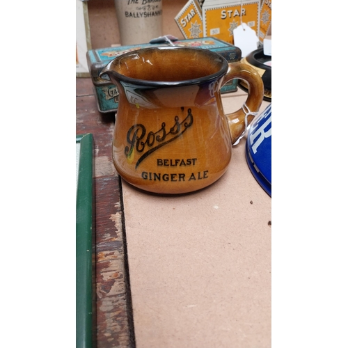 92 - Ross's Ginger Ale Belfast ceramic advertising water jug. {8 cm H x 10 cm W x 12 cm D}.