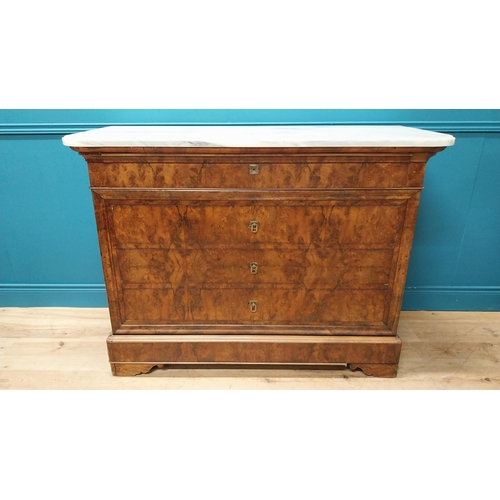 1 - 19th C. French burr walnut chest of drawers with marble top and four long graduated drawers {100 cm ... 