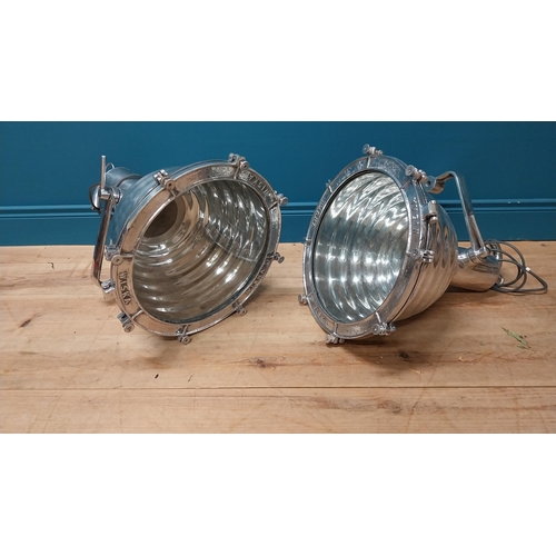 10 - Pair of good quality Industrial chrome hanging light shades by Wiska {60 cm H x 47 cm Dia.}.