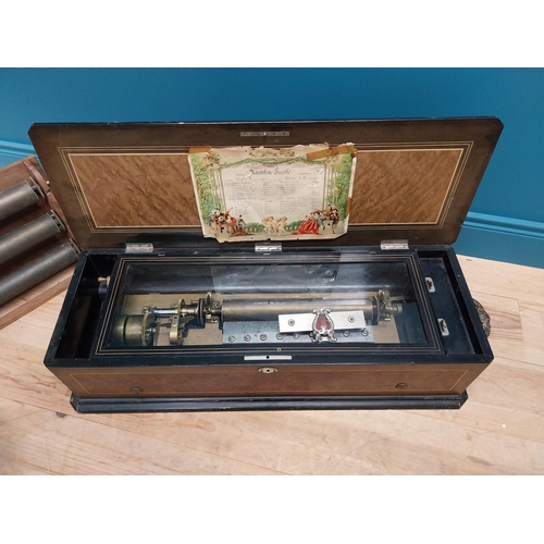 114 - 19th C. French burr walnut music box with extra reels {22 cm H x 86 cm W x 31 cm D}.