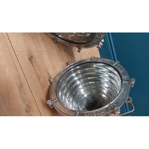 12 - Pair of good quality Industrial chrome hanging light shades by Wiska {60 cm H x 47 cm Dia.}.