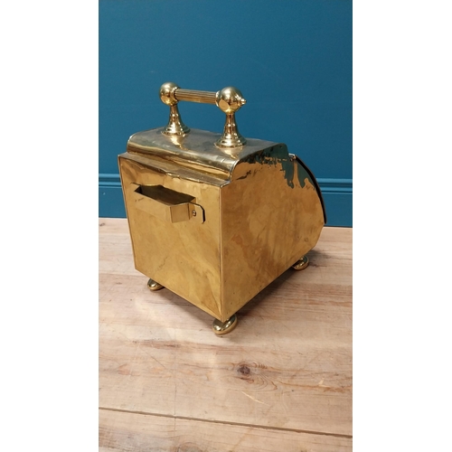 125 - Edwardian embossed brass coal scuttle with original metal liner {44 cm H x 26 cm W x 40 cm D}.