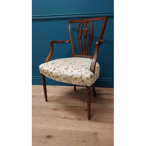 135 - Good quality 19th C. carved mahogany open armchair with upholstered seat raised on reeded legs {92 c... 