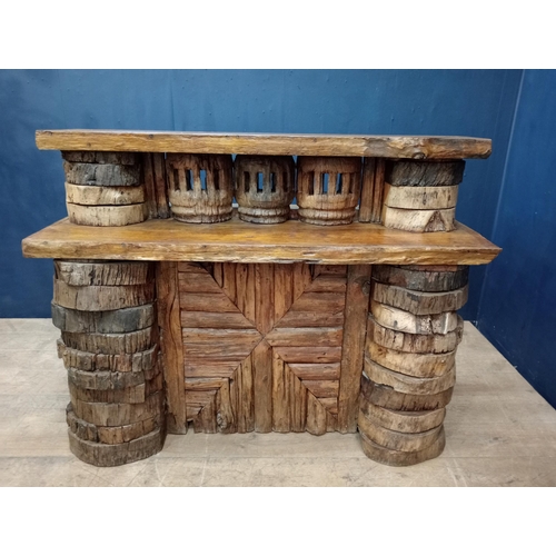 143 - Driftwood bar front counter with two swivel driftwood high stools {Bar H 110cm x W 140cm x D 65cm / ... 