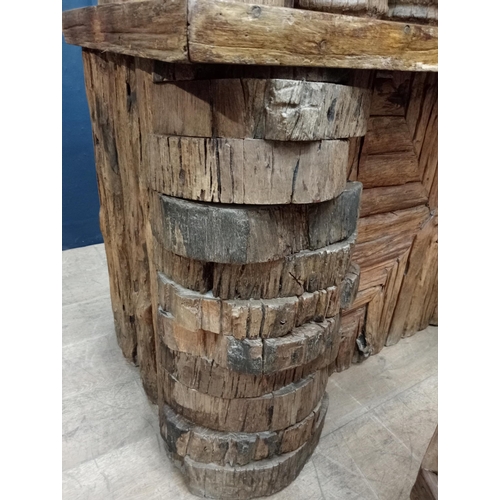 143 - Driftwood bar front counter with two swivel driftwood high stools {Bar H 110cm x W 140cm x D 65cm / ... 