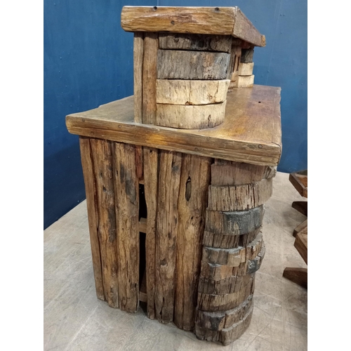 143 - Driftwood bar front counter with two swivel driftwood high stools {Bar H 110cm x W 140cm x D 65cm / ... 