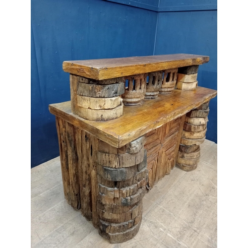 143 - Driftwood bar front counter with two swivel driftwood high stools {Bar H 110cm x W 140cm x D 65cm / ... 