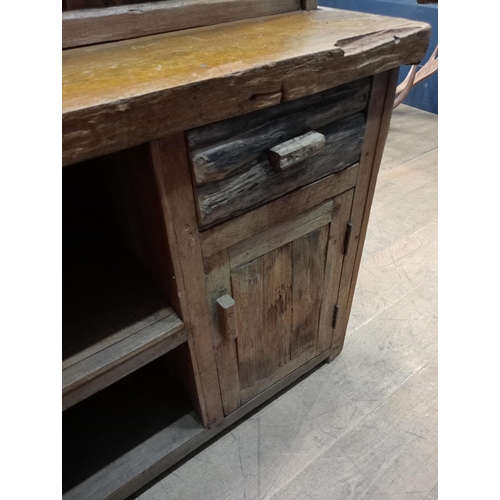 143 - Driftwood bar front counter with two swivel driftwood high stools {Bar H 110cm x W 140cm x D 65cm / ... 