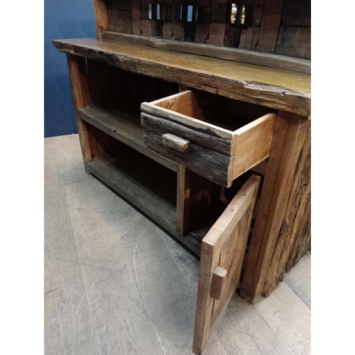 143 - Driftwood bar front counter with two swivel driftwood high stools {Bar H 110cm x W 140cm x D 65cm / ... 