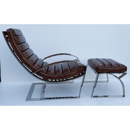 178 - Exceptional quality walnut and chrome lounging armchair and matching footstool in the Art Deco style... 