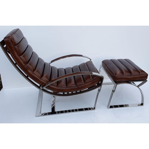 178 - Exceptional quality walnut and chrome lounging armchair and matching footstool in the Art Deco style... 