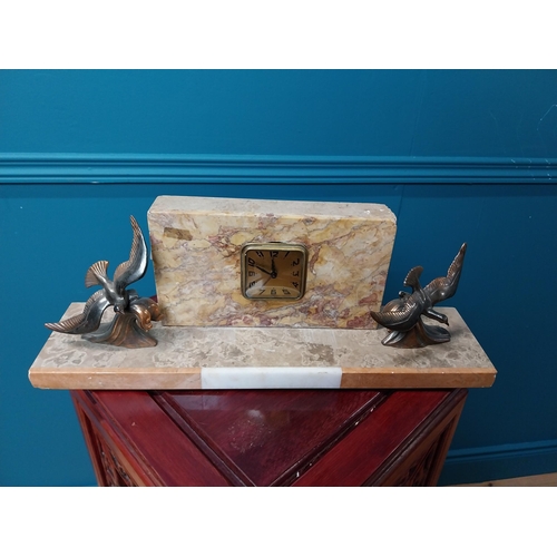 185 - Art Deco marble mantle clock decorated with spelter birds. { 15 cm H x 43 cm W x 10 cm D}.