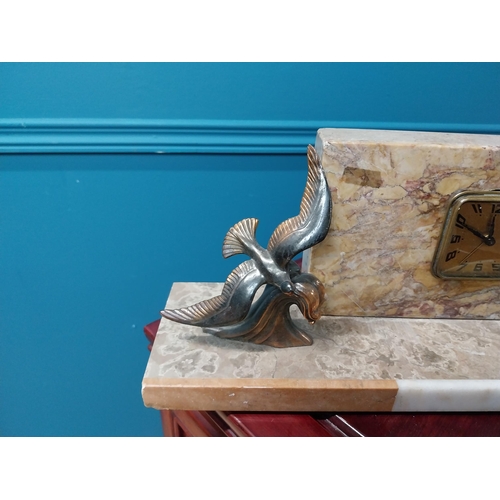 185 - Art Deco marble mantle clock decorated with spelter birds. { 15 cm H x 43 cm W x 10 cm D}.