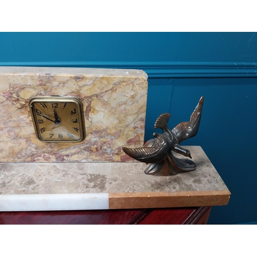 185 - Art Deco marble mantle clock decorated with spelter birds. { 15 cm H x 43 cm W x 10 cm D}.