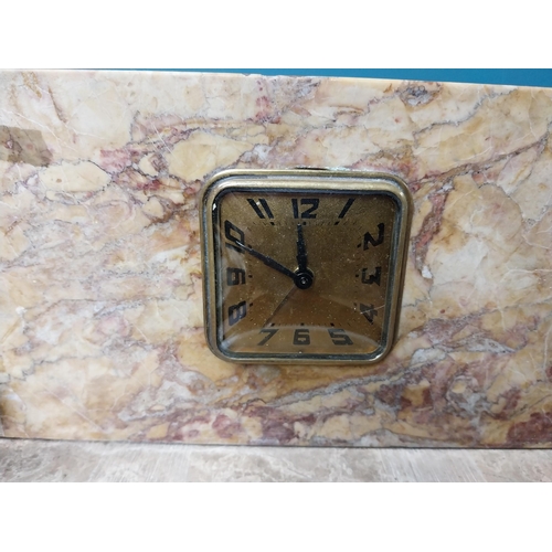 185 - Art Deco marble mantle clock decorated with spelter birds. { 15 cm H x 43 cm W x 10 cm D}.