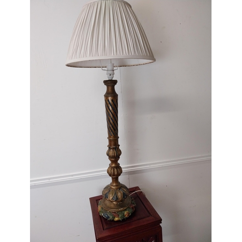 186 - Italian gilt and painted pine table lamp with cloth shade {102 cm H x 40 cm Dia.}.