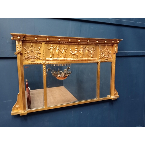 189 - Georgian triple pane overmantle mirror with classical decorative frieze {H 70cm x W 110cm x D 9cm }.