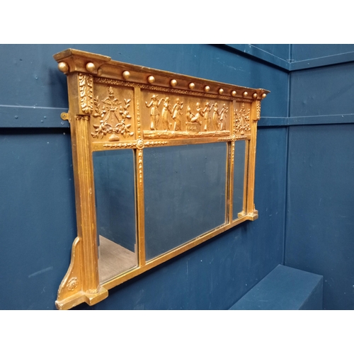 189 - Georgian triple pane overmantle mirror with classical decorative frieze {H 70cm x W 110cm x D 9cm }.