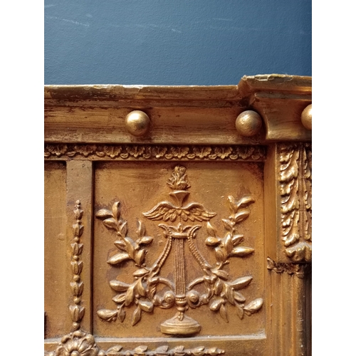 189 - Georgian triple pane overmantle mirror with classical decorative frieze {H 70cm x W 110cm x D 9cm }.