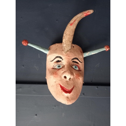 199 - Hand carved wooden jester mask  {H 33cm x W 30cm x D 21cm }.