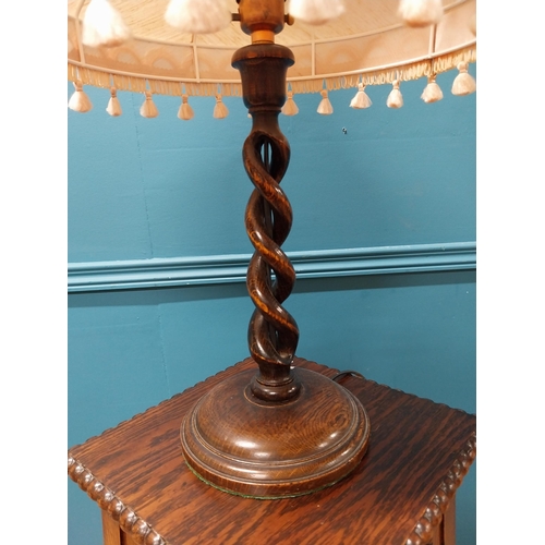 201 - 1950s oak barley twist table lamp with cloth shade {62 cm H x 37 cm Dia.}.