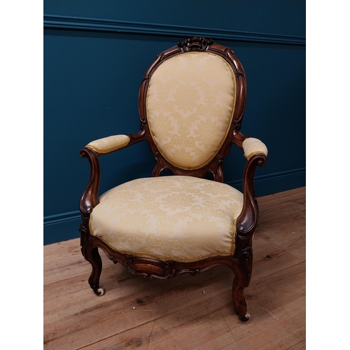 202 - Victorian carved walnut and upholstered ladies open armchair raised on cabriole legs {94 cm H x 67 c... 