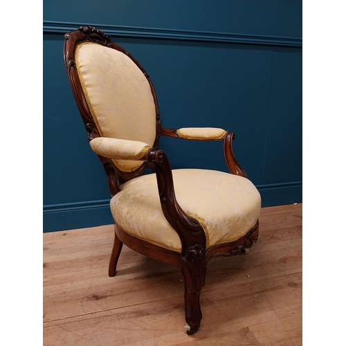 202 - Victorian carved walnut and upholstered ladies open armchair raised on cabriole legs {94 cm H x 67 c... 