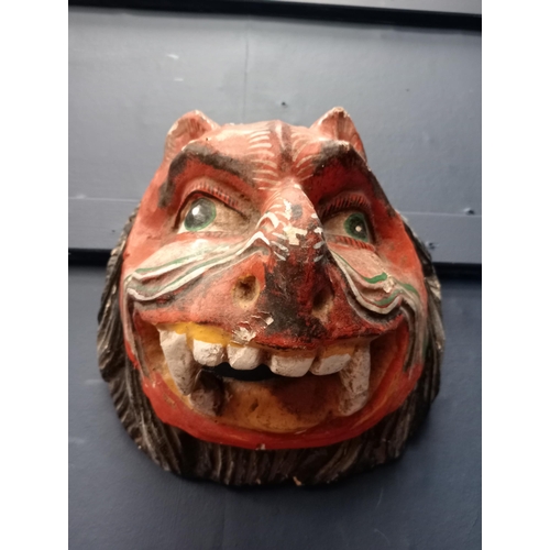 203 - Hand carved wooden lions head mask  {H 25cm x W 25cm x D 21cm }.