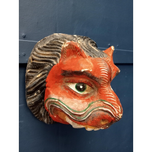 203 - Hand carved wooden lions head mask  {H 25cm x W 25cm x D 21cm }.