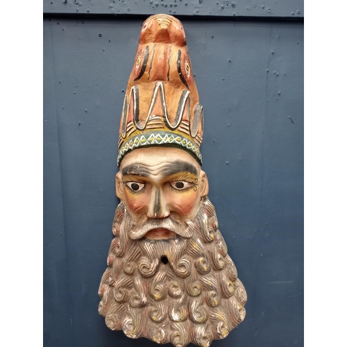 209 - Hand carved wooden mask with beard and snake head  {H 80cm x W 45cm x D 20cm }.