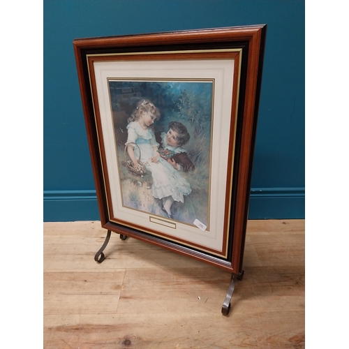 211 - Vintage mahogany fire screen with central coloured print panel {72 cm H x 52 cm W x 20 cm D}.