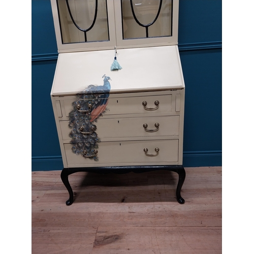 222 - Edwardian hand painted mahogany bureau bookcase decorated with peacocks and fitted interior raised o... 