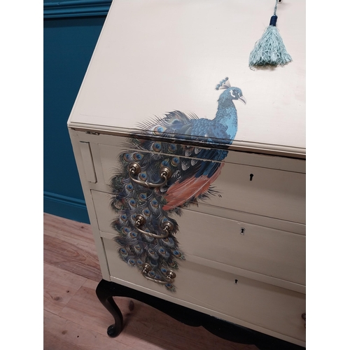 222 - Edwardian hand painted mahogany bureau bookcase decorated with peacocks and fitted interior raised o... 