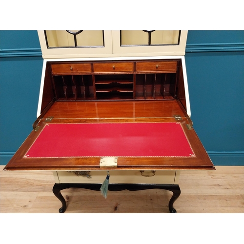 222 - Edwardian hand painted mahogany bureau bookcase decorated with peacocks and fitted interior raised o... 