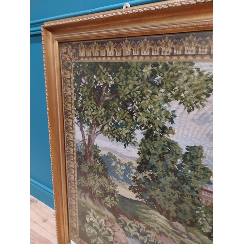 236 - 20th C. tapestry woodland scene mounted in gilt frame {199 cm H x 134 cm W}.