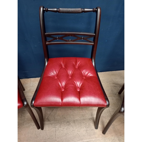 248 - Set of four mahogany rope back side chairs with leather deep button seats in the Regency style {H 82... 