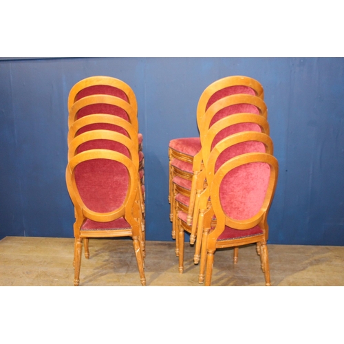 249A - Set of ten upholstered round back Louie wooden stacking function chairs  {H 94cm x W 48cm x D 48cm }... 