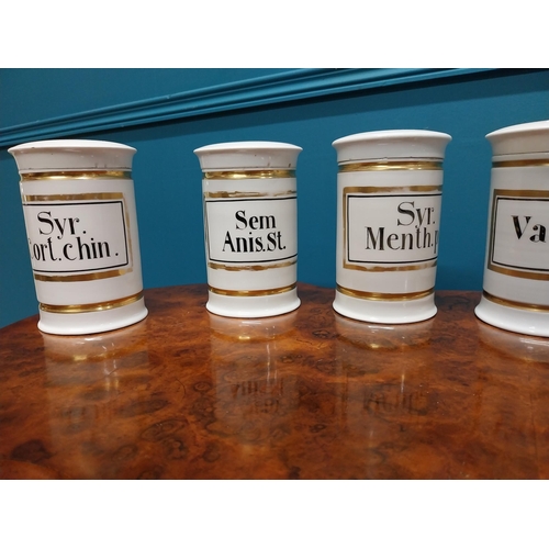 260 - Set of six early 20th C. ceramic and gilded lidded chemist jars {16 cm H x 11 cm Dia.}.